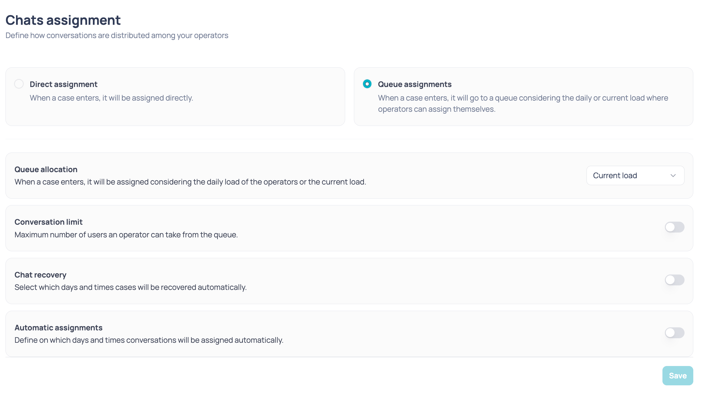 Chats assignment screen with Queue assignments selected and the Queue allocation, Conversation limit, Chat recovery and Automatic assignments sections