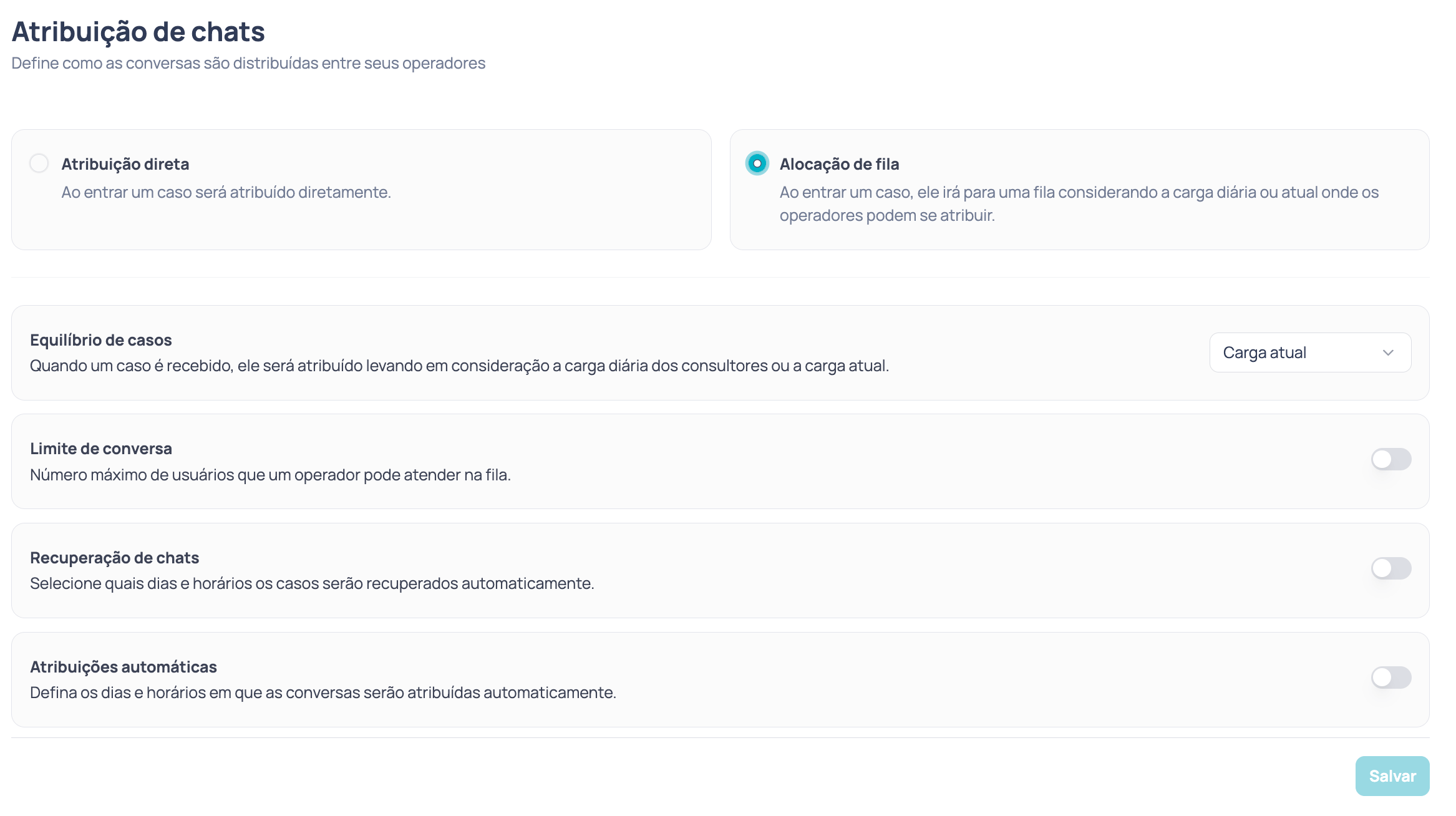 Tela Atribuição de chats com Alocação de fila selecionada e as seções Equilíbrio de casos, Limite de conversa, Recuperação de chats e Atribuições automáticas