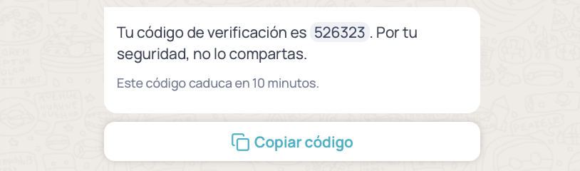 Preview of an authentication template in WhatsApp: verification code, security recommendation, expiration time in the footer, and a copy-code button
