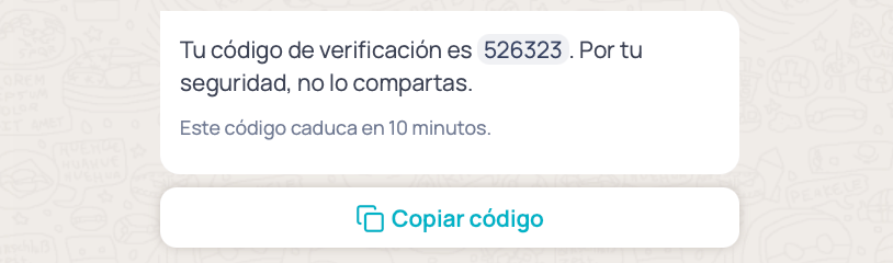 Preview of an authentication template in WhatsApp: verification code, security recommendation, expiration time in the footer, and a copy-code button