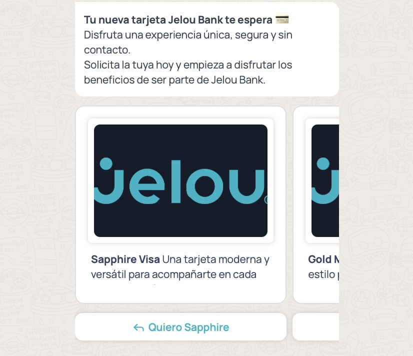 Preview of a carousel template in WhatsApp: text message on top and swipeable cards with image, content, and a button