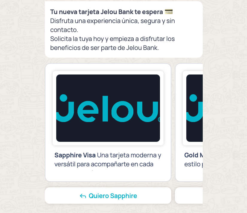 Preview of a carousel template in WhatsApp: text message on top and swipeable cards with image, content, and a button