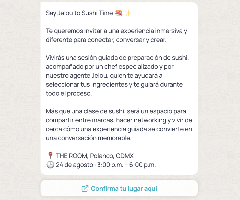 Preview of a template with WhatsApp Flow: message body with an event invitation and a button that opens the flow