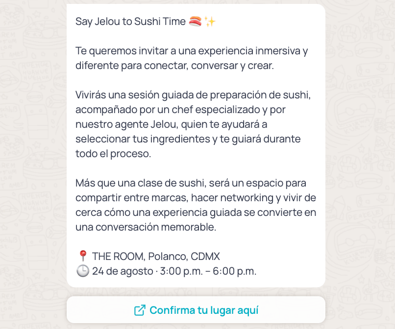 Preview of a template with WhatsApp Flow: message body with an event invitation and a button that opens the flow