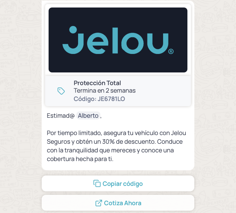 Preview of a limited-time offer template in WhatsApp: image, offer title with timer and promo code, body, and copy-code and URL buttons