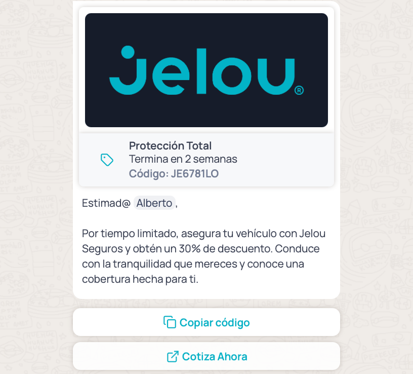 Preview of a limited-time offer template in WhatsApp: image, offer title with timer and promo code, body, and copy-code and URL buttons