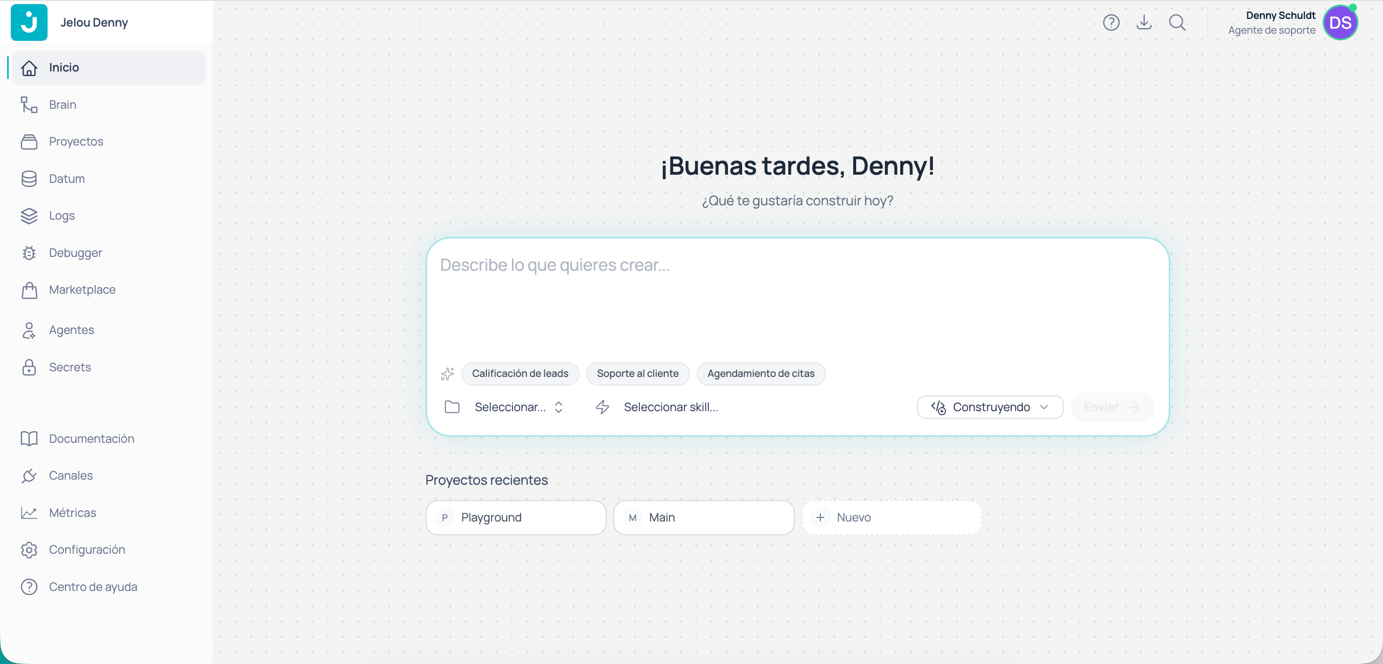 Vista de inicio de Brain Studio