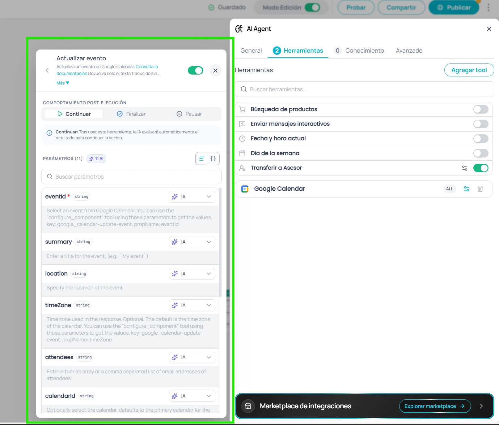Detalle de herramienta MCP mostrando parámetros con tipo, descripción y valores por defecto