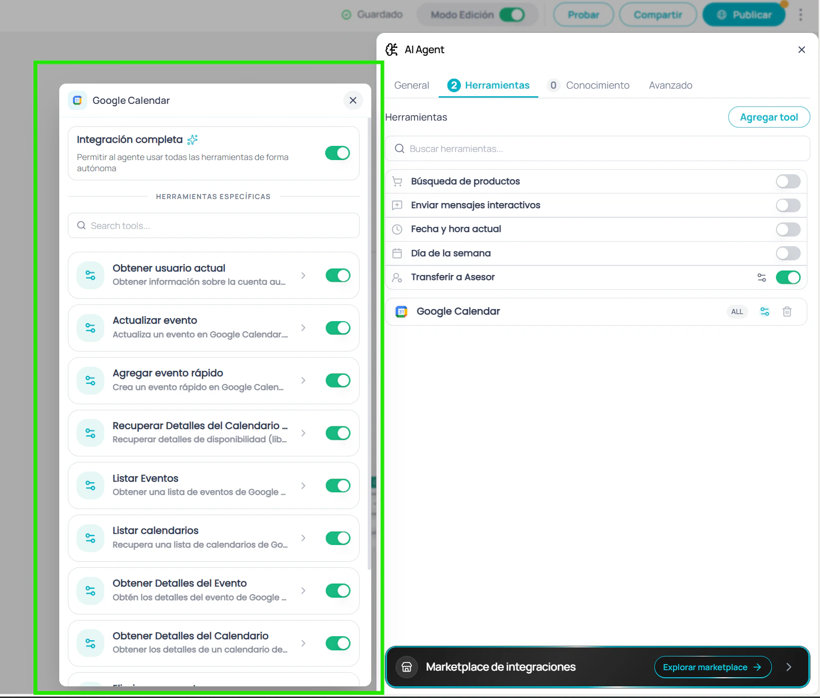 App MCP en modo granular mostrando herramientas individuales con toggles