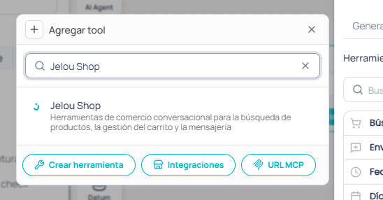 Importar MCP Jelou Shop desde el nodo AI Agent