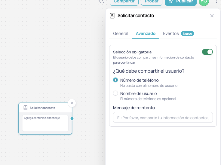Advanced tab with Mandatory selection turned on and the Phone number option selected