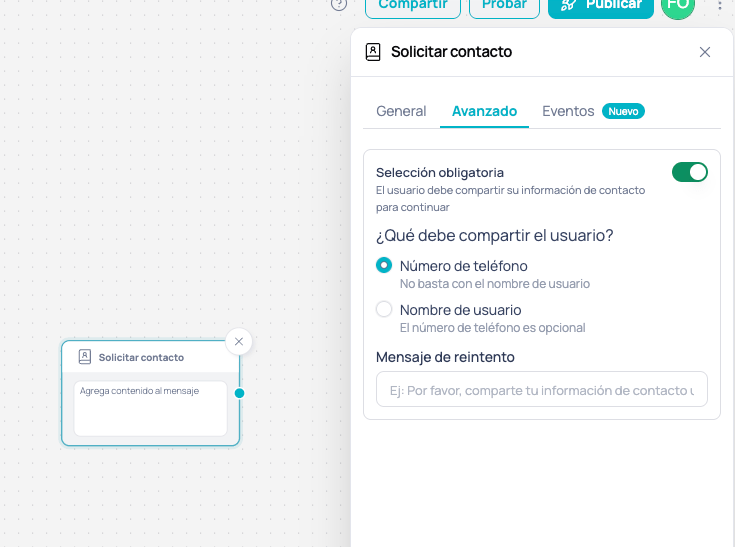 Advanced tab with Mandatory selection turned on and the Phone number option selected