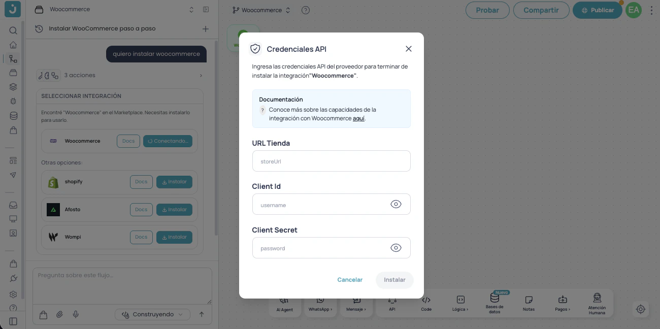 Integrar WooCommerce desde el Jelou Agent en Brain Studio
