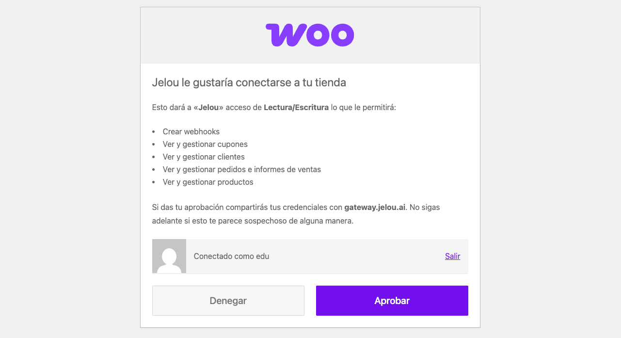 Pantalla de aprobación de permisos de Lectura/Escritura para Jelou