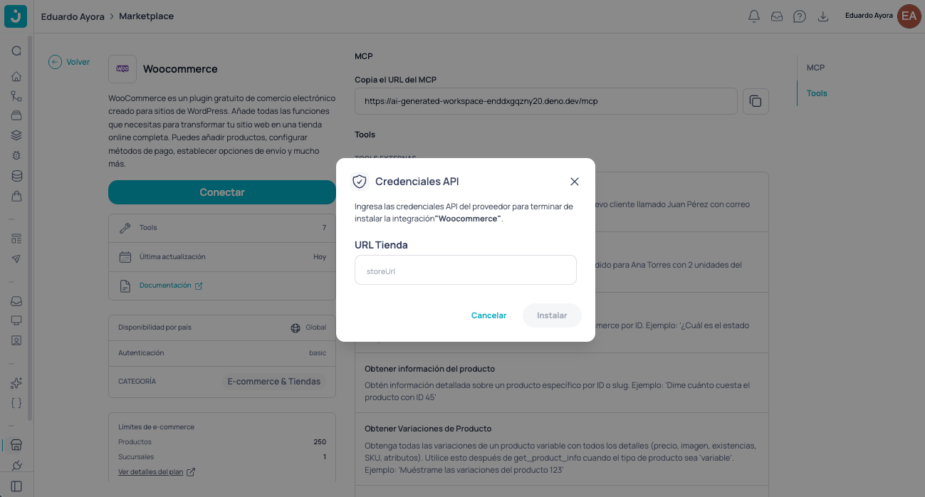 Modal de credenciales API con el campo URL Tienda