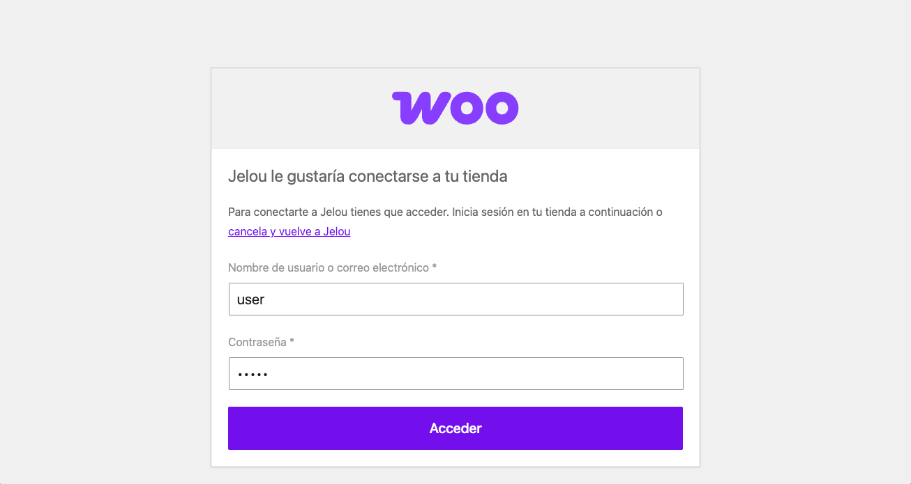 Pantalla de inicio de sesión de WooCommerce para conectar con Jelou