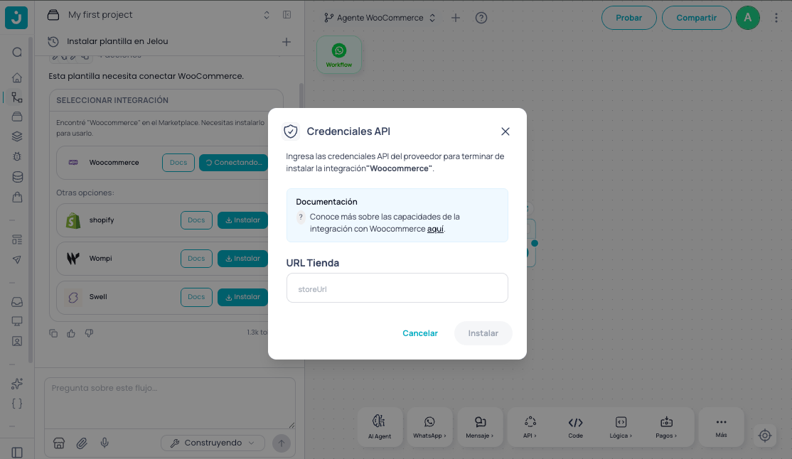 Integrar WooCommerce desde el Jelou Agent en Brain Studio