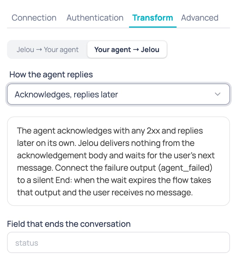 Your agent → Jelou sub-tab of the External AI agent node with How the agent replies set to Acknowledges, replies later, the failure output notice and the field that ends the conversation