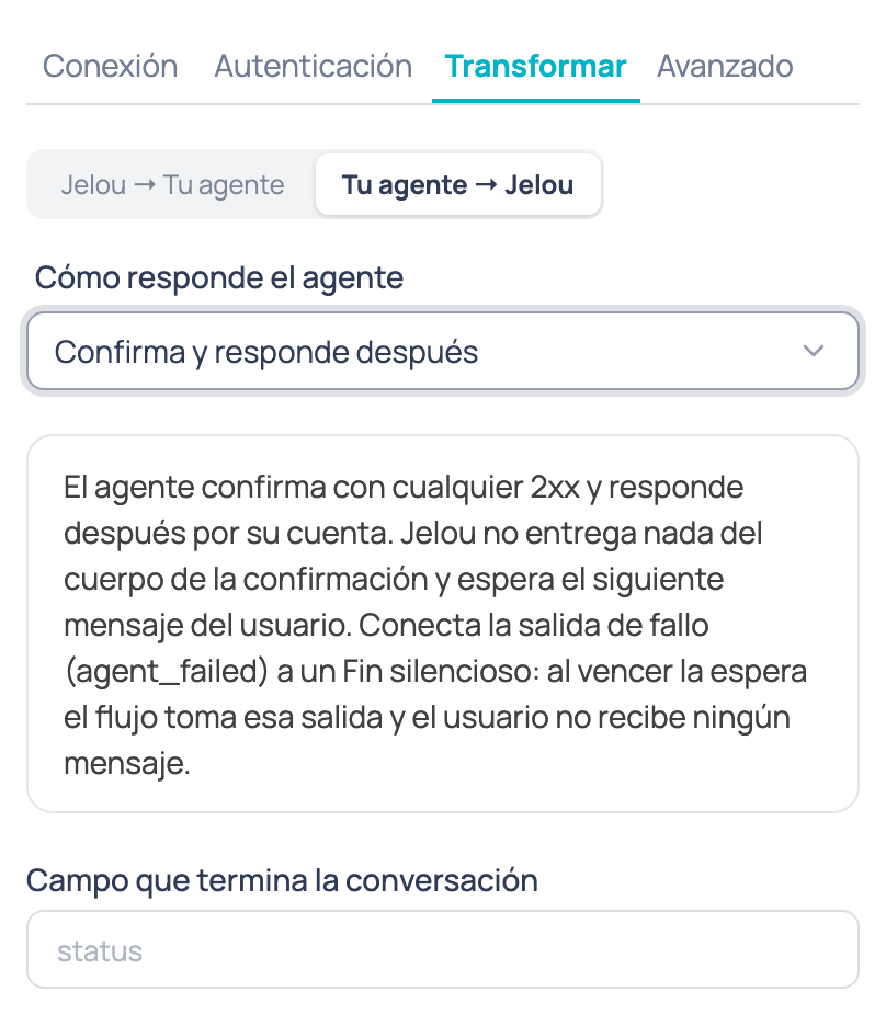 Subpestaña Tu agente → Jelou del nodo Agente de IA externo con Cómo responde el agente en Confirma y responde después, el aviso de la salida de fallo y el campo que termina la conversación