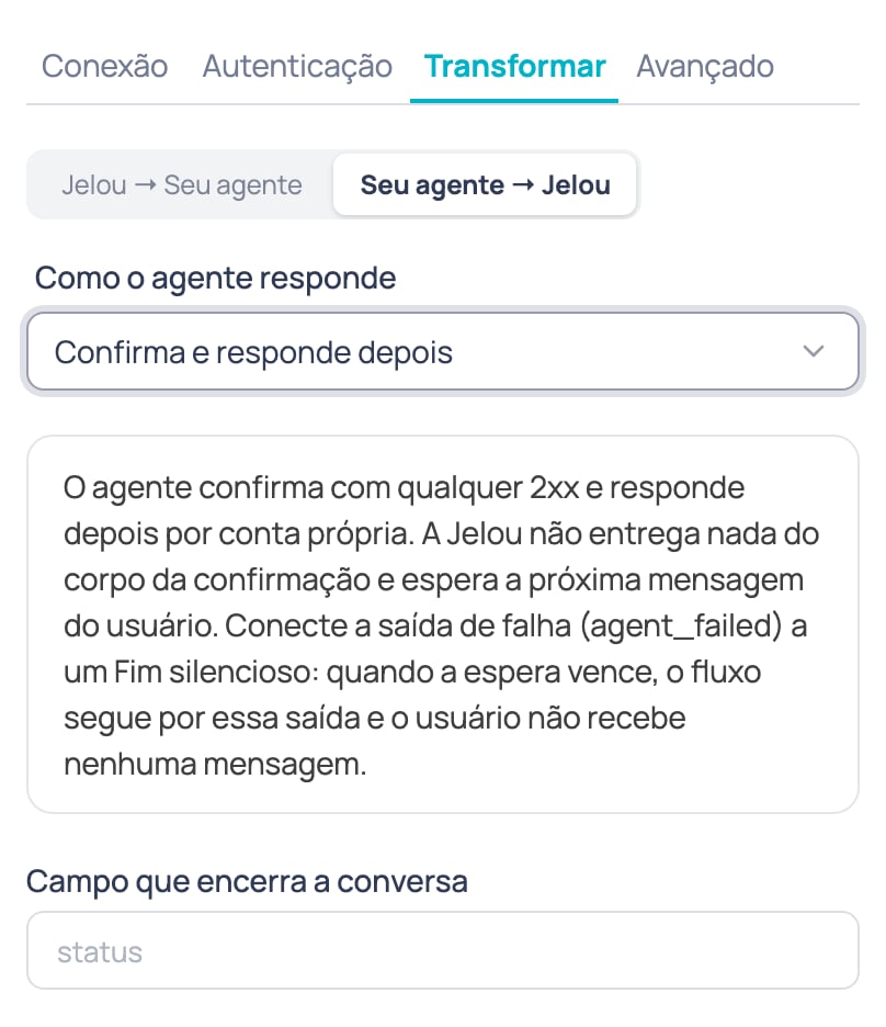 Subaba Seu agente → Jelou do nó Agente de IA externo com Como o agente responde em Confirma e responde depois, o aviso da saída de falha e o campo que encerra a conversa