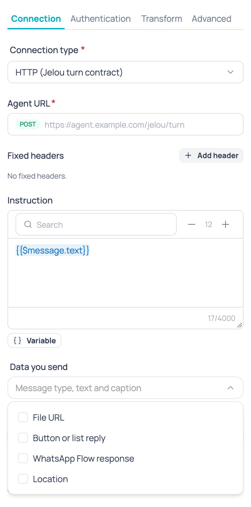 Data you send field open on the Connection tab of the External AI agent node, with the File URL, Button or list reply, WhatsApp Flow response and Location options