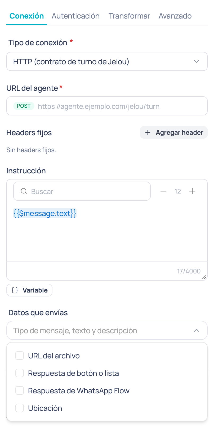Campo Datos que envías abierto al pie de cualquier pestaña del nodo Agente de IA externo, con las opciones URL del archivo, Respuesta de botón o lista, Respuesta de WhatsApp Flow y Ubicación