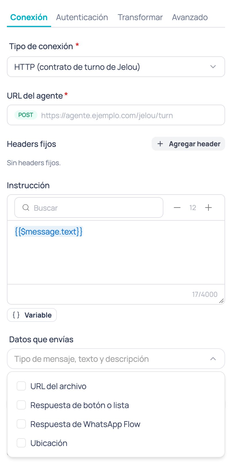 Campo Datos que envías abierto al pie de cualquier pestaña del nodo Agente de IA externo, con las opciones URL del archivo, Respuesta de botón o lista, Respuesta de WhatsApp Flow y Ubicación
