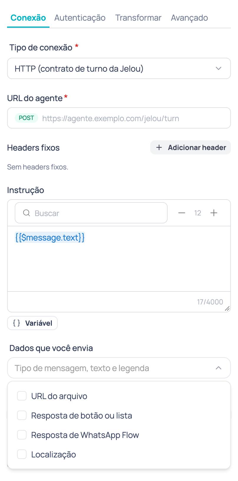 Campo Dados que você envia aberto ao final de qualquer aba do nó Agente de IA externo, com as opções URL do arquivo, Resposta de botão ou lista, Resposta de WhatsApp Flow e Localização