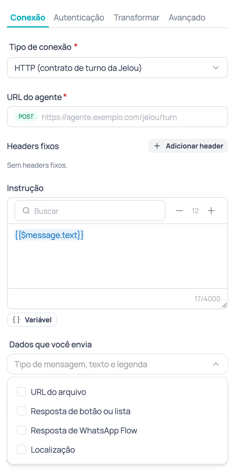 Campo Dados que você envia aberto ao final de qualquer aba do nó Agente de IA externo, com as opções URL do arquivo, Resposta de botão ou lista, Resposta de WhatsApp Flow e Localização
