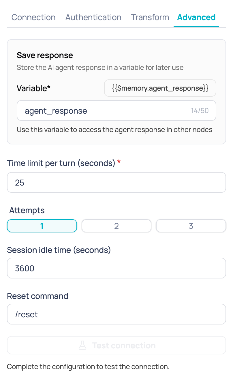 Advanced tab of the External AI agent node with the response variable, the turn timeout, the attempts, the session inactivity and the reset command
