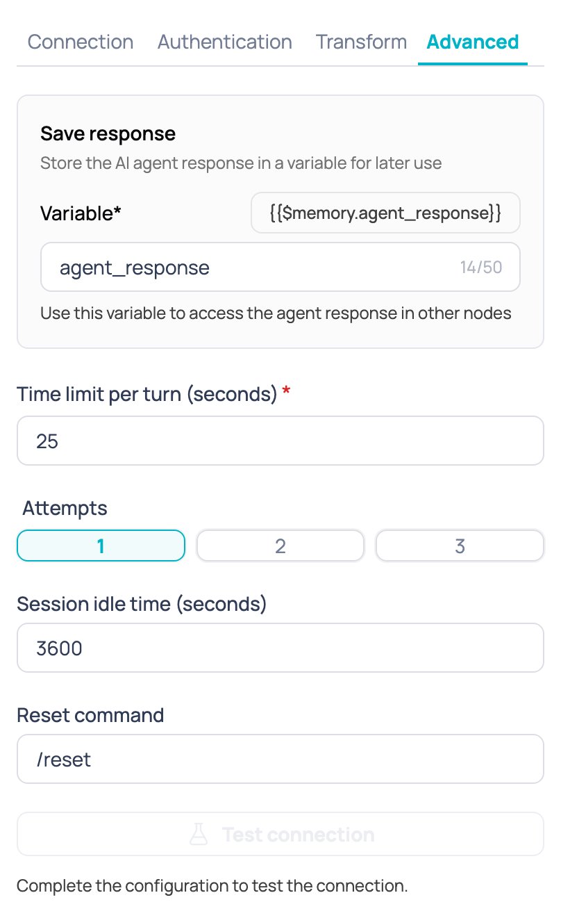 Advanced tab of the External AI agent node with the response variable, the turn timeout, the attempts, the session inactivity and the reset command