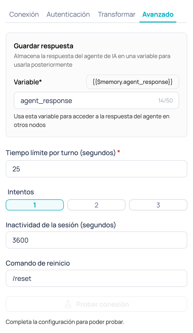Pestaña Avanzado del nodo Agente de IA externo con la variable de respuesta, el tiempo límite por turno, los intentos, la inactividad de la sesión y el comando de reinicio