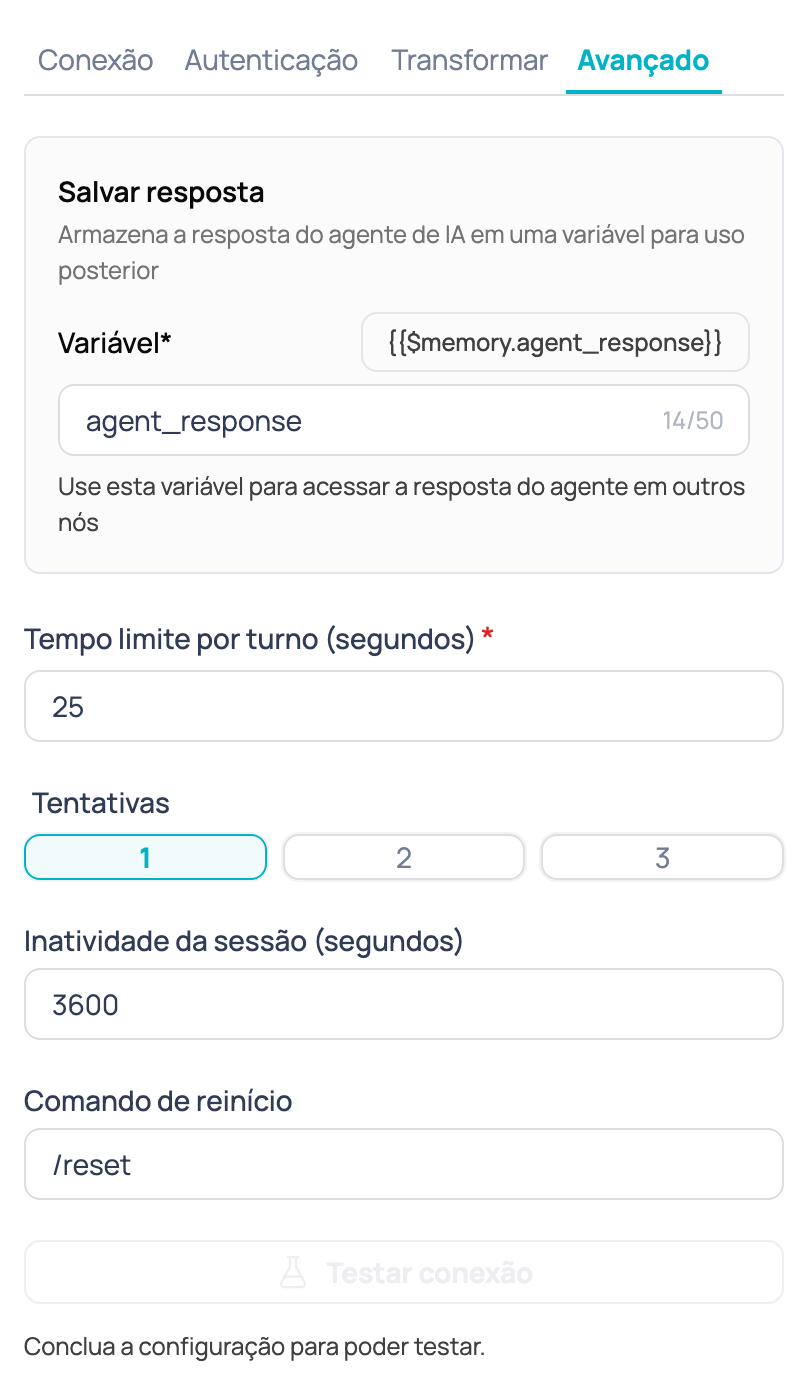 Aba Avançado do nó Agente de IA externo com a variável de resposta, o tempo limite por turno, as tentativas, a inatividade da sessão e o comando de reinício