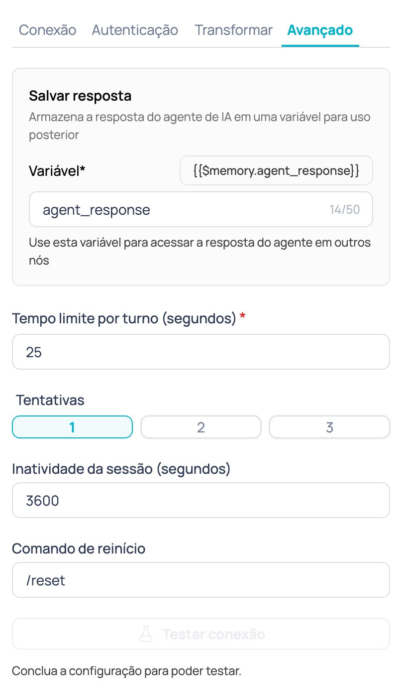 Aba Avançado do nó Agente de IA externo com a variável de resposta, o tempo limite por turno, as tentativas, a inatividade da sessão e o comando de reinício