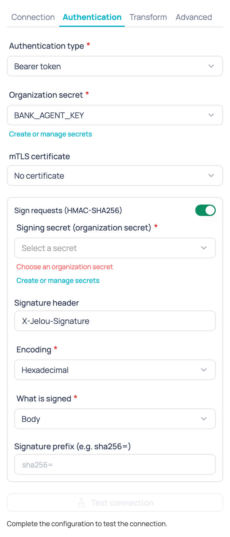 Authentication tab of the External AI agent node with the authentication type, the secret, the mTLS certificate and HMAC signing