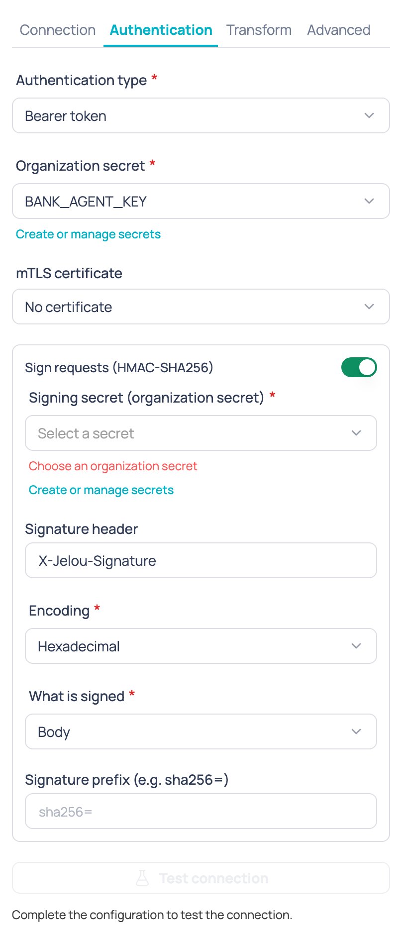 Authentication tab of the External AI agent node with the authentication type, the secret, the mTLS certificate and HMAC signing