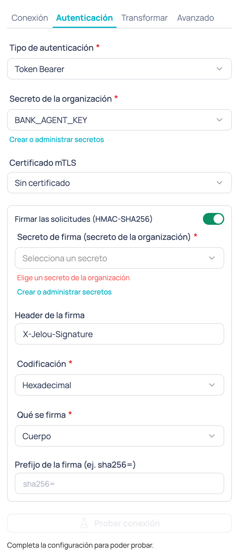 Pestaña Autenticación del nodo Agente de IA externo con el tipo de autenticación, el secreto, el certificado mTLS y la firma HMAC