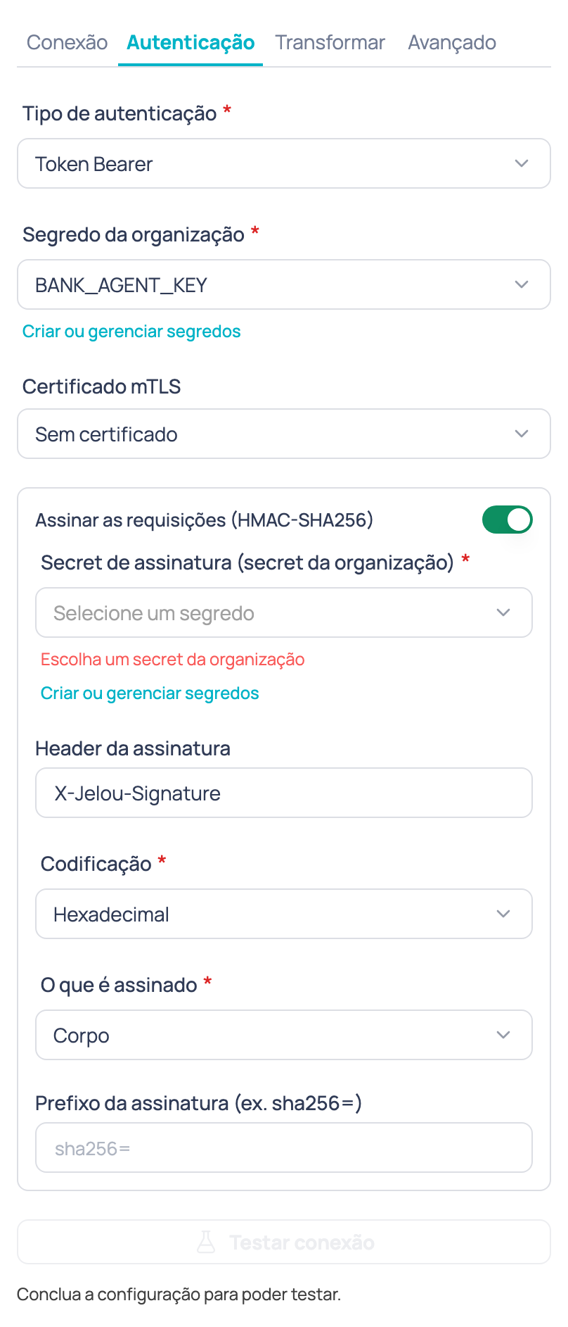 Aba Autenticação do nó Agente de IA externo com o tipo de autenticação, o segredo, o certificado mTLS e a assinatura HMAC