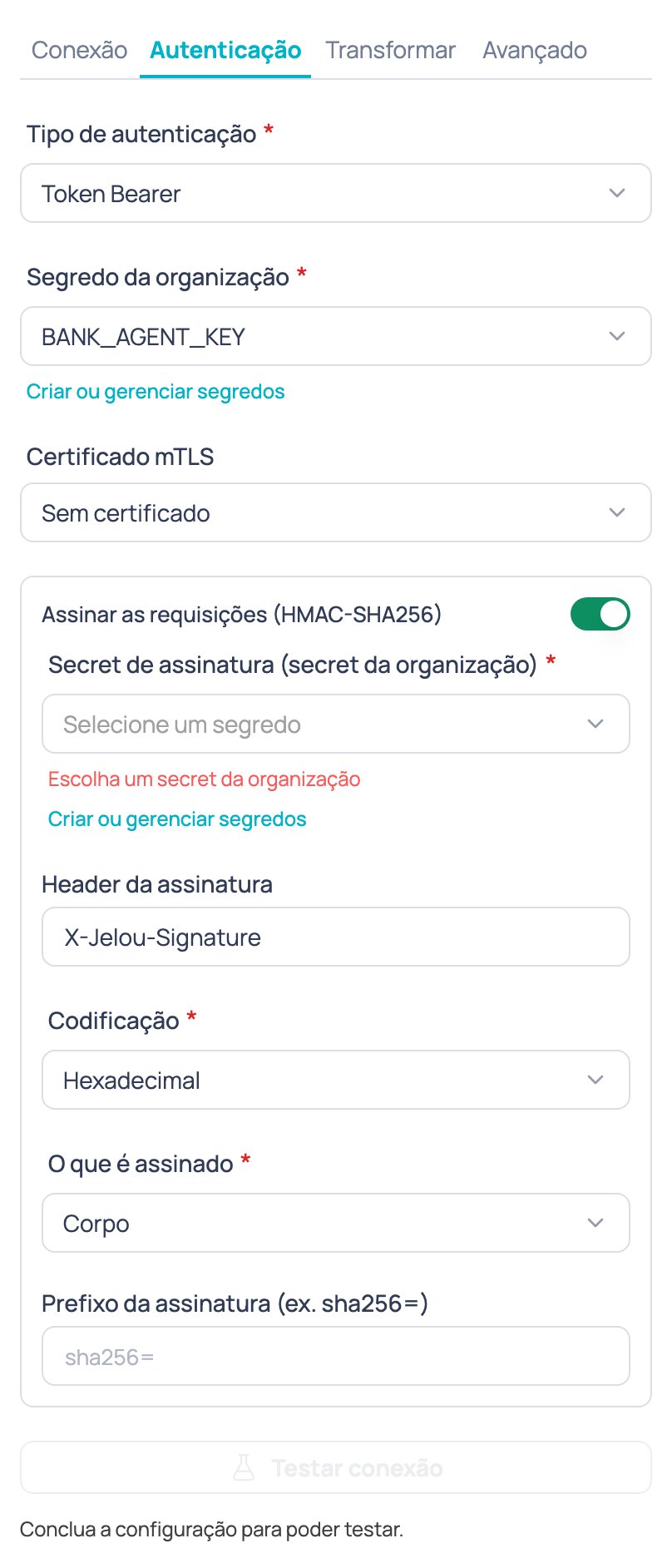 Aba Autenticação do nó Agente de IA externo com o tipo de autenticação, o segredo, o certificado mTLS e a assinatura HMAC