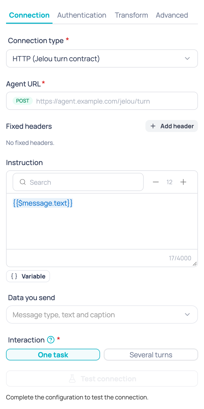 Connection tab of the External AI agent node with the connection type, the agent URL, the fixed headers, the instruction, the data you send and the interaction
