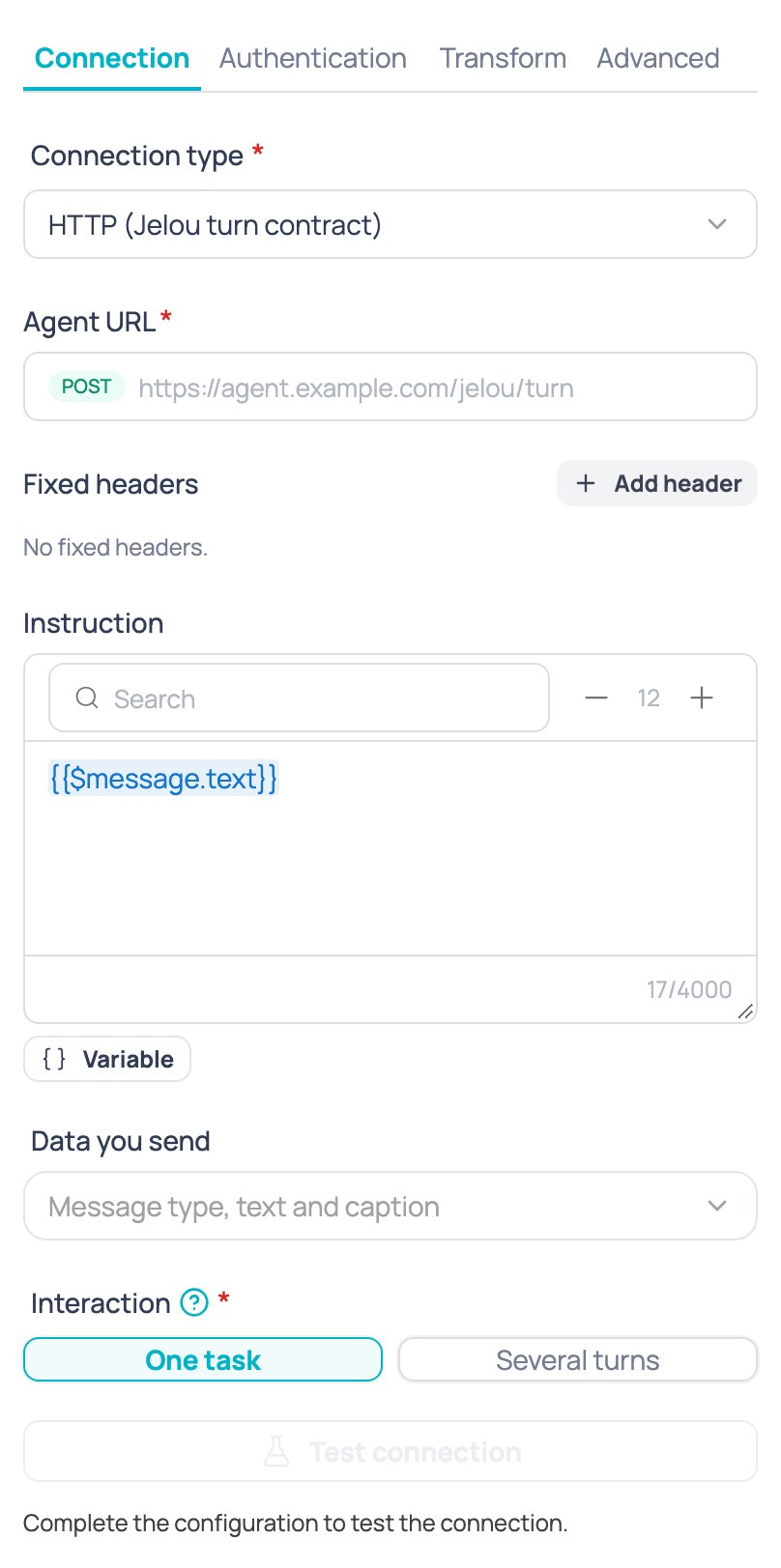 Connection tab of the External AI agent node with the connection type, the agent URL, the fixed headers, the instruction, the data you send and the interaction