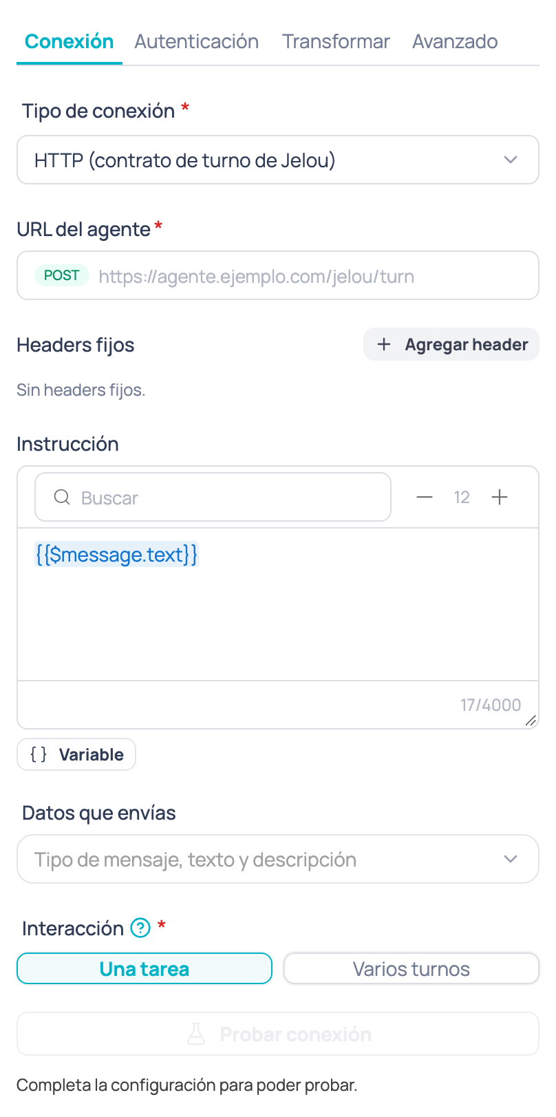 Pestaña Conexión del nodo Agente de IA externo con el tipo de conexión, la URL del agente, los headers fijos, la instrucción, los datos que envías y la interacción