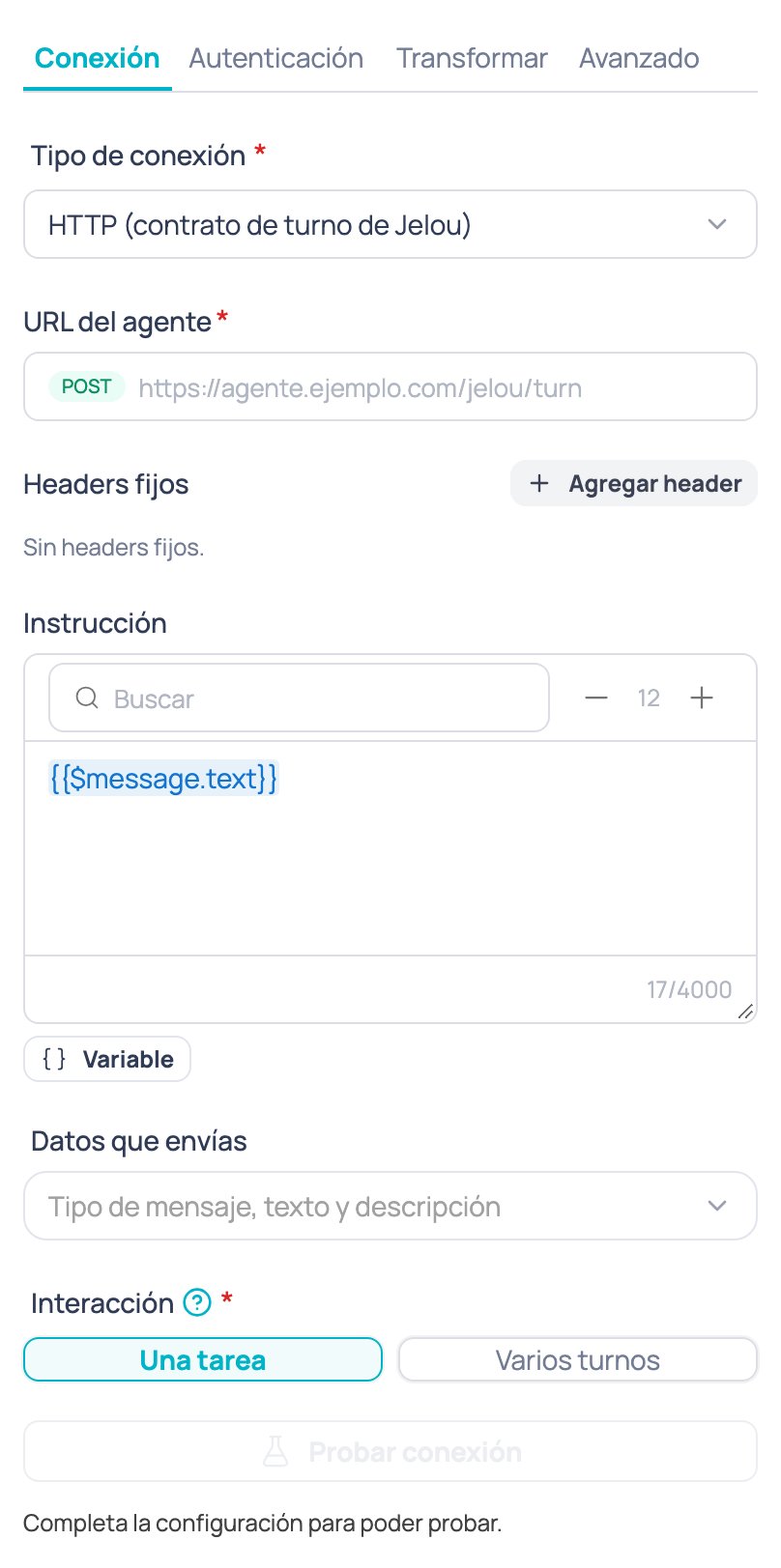 Pestaña Conexión del nodo Agente de IA externo con el tipo de conexión, la URL del agente, los headers fijos, la instrucción, los datos que envías y la interacción