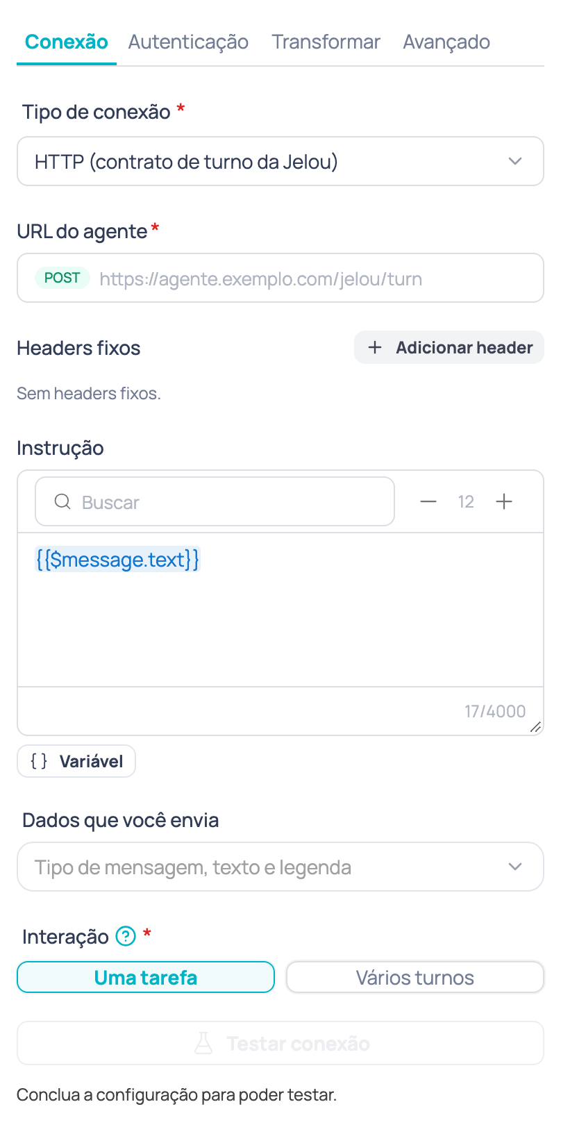 Aba Conexão do nó Agente de IA externo com o tipo de conexão, a URL do agente, os headers fixos, a instrução, os dados que você envia e a interação