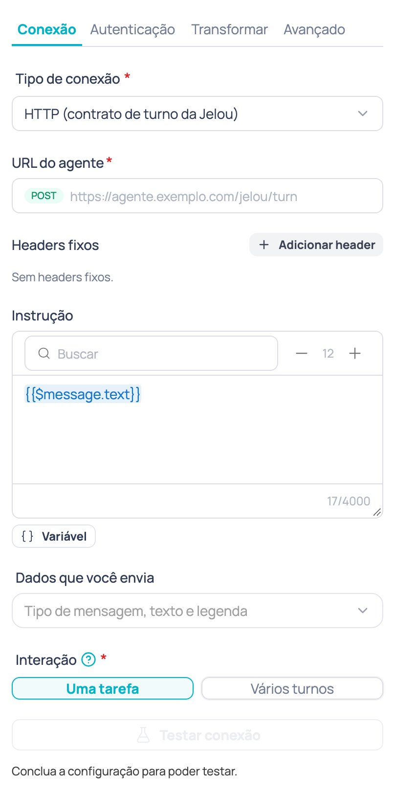 Aba Conexão do nó Agente de IA externo com o tipo de conexão, a URL do agente, os headers fixos, a instrução, os dados que você envia e a interação
