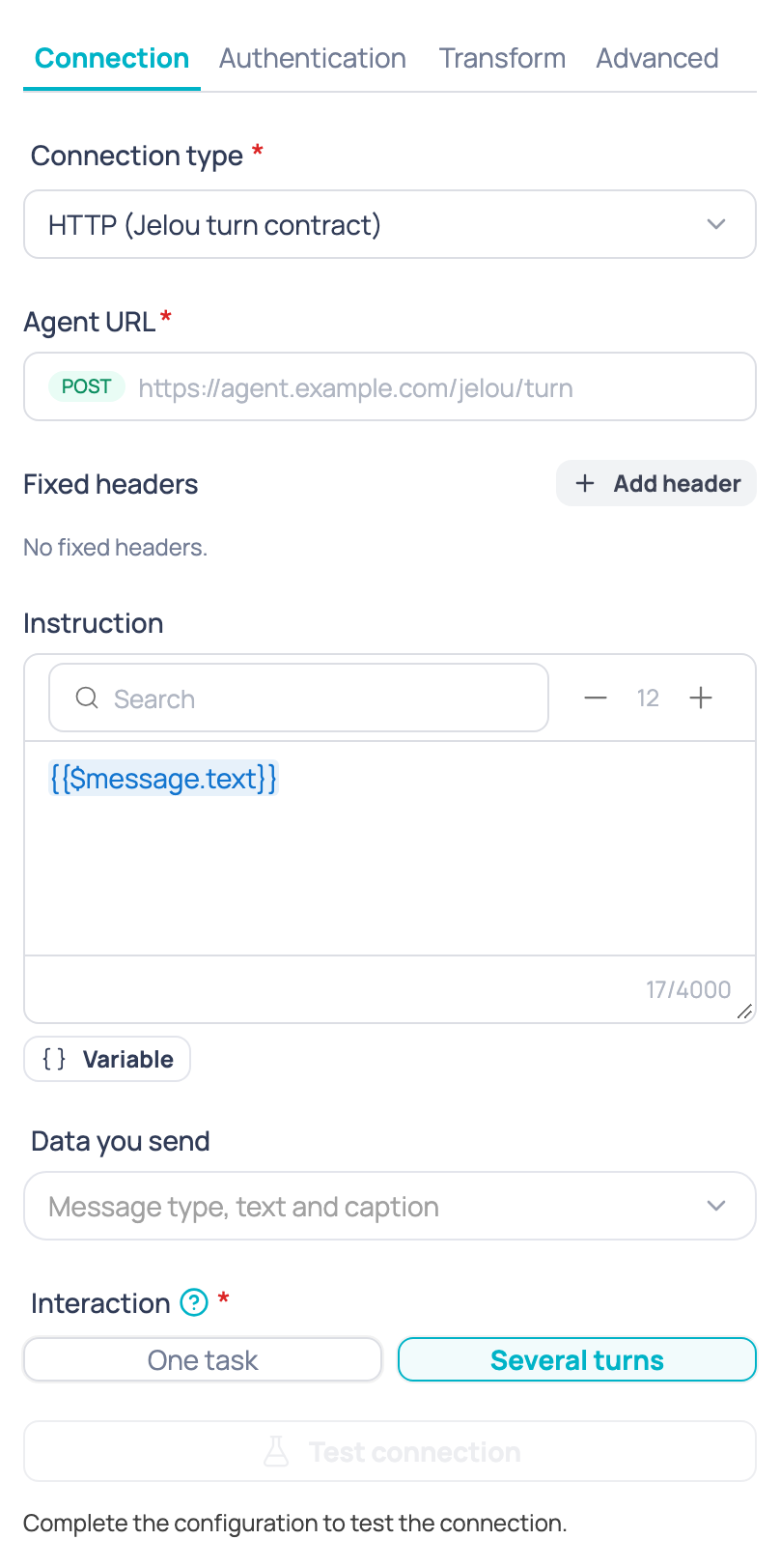 External AI agent node configuration with the Several turns interaction selected