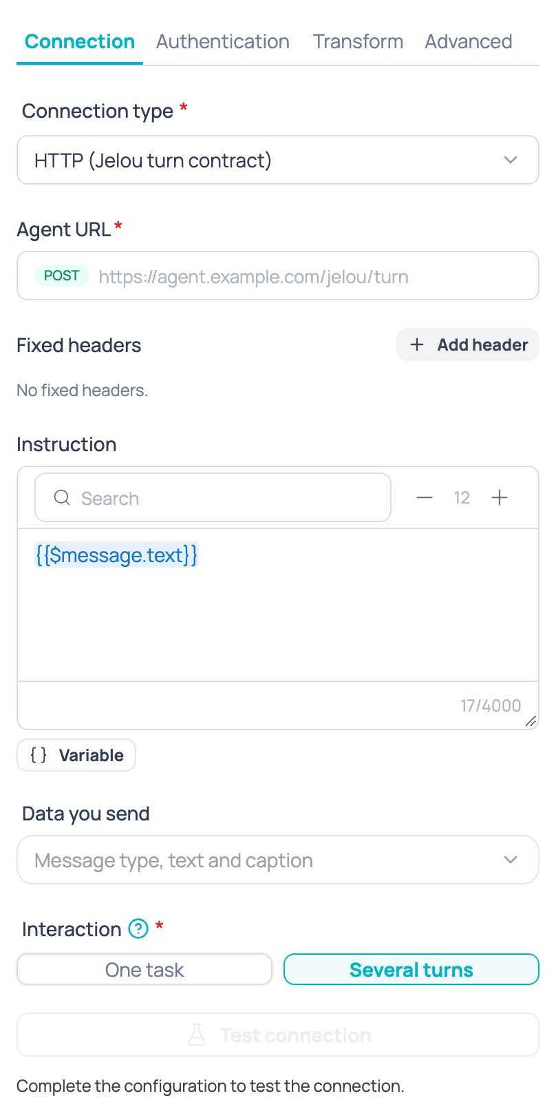 External AI agent node configuration with the Several turns interaction selected