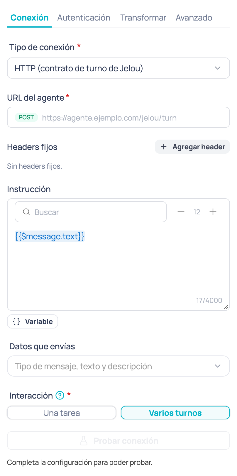 Configuración del nodo Agente de IA externo con la interacción Varios turnos seleccionada