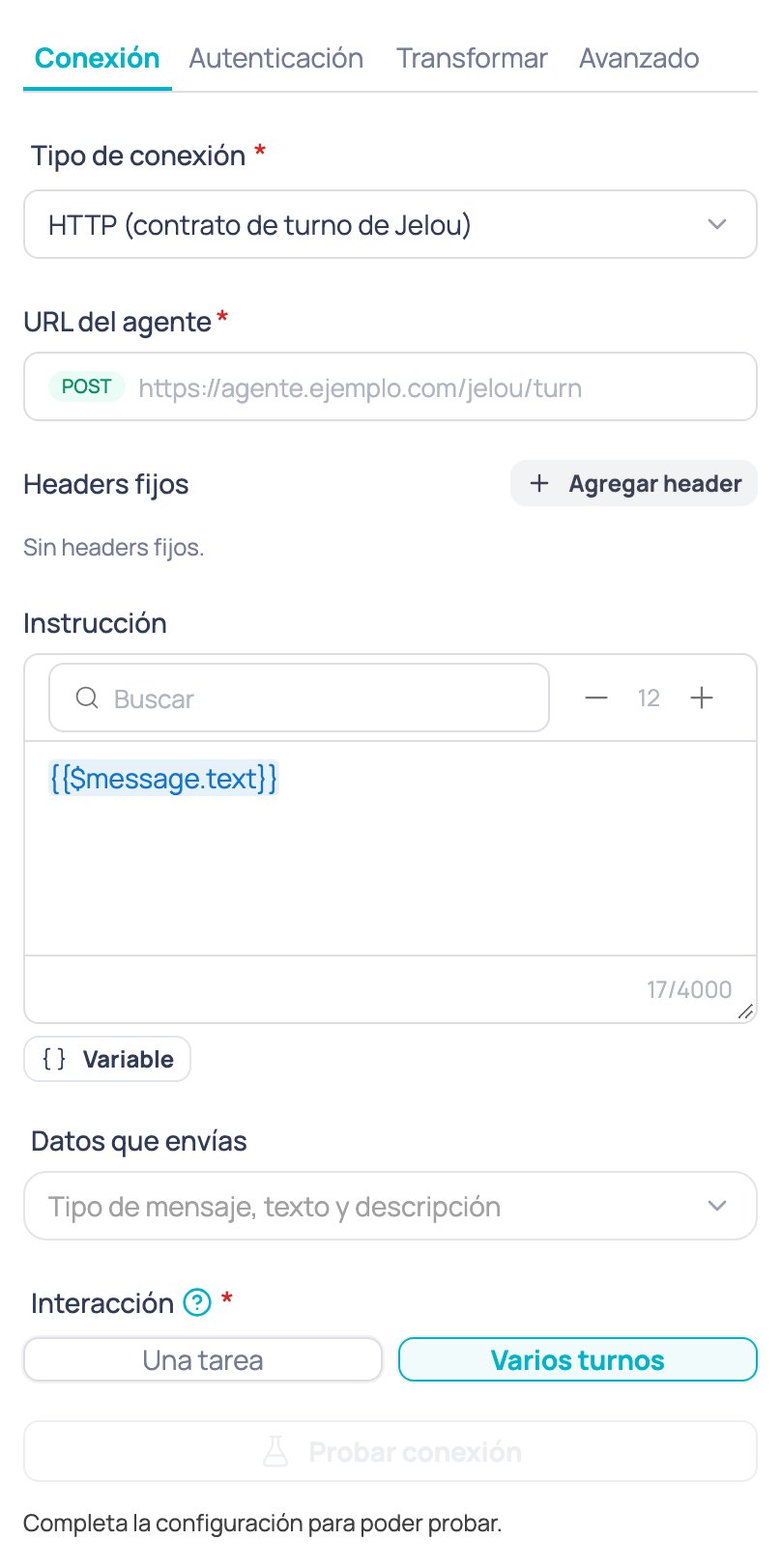 Configuración del nodo Agente de IA externo con la interacción Varios turnos seleccionada