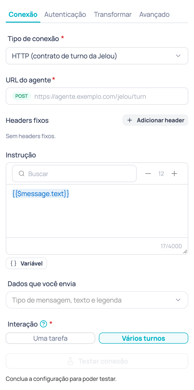 Configuração do nó Agente de IA externo com a interação Vários turnos selecionada